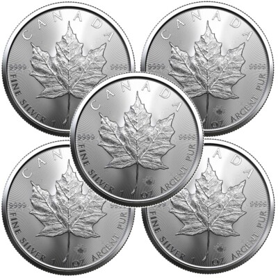 Lot of 5 - 2025 1 oz Canada 9999 Fine Silver Maple Leaf $5 Coin BU