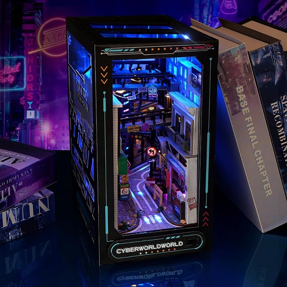 Cyberpunk Madera Rincón Libro Estante Inserto Miniatura Kits Decoración Regalo Foto 4 de 4