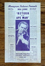 Vintage ORIGINAL Return Of The Ape Man Horror Movie Bela Lugosi Pressbook 1943