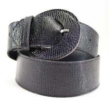 classic 80s Waist Belt Women 11 Black Faux Lizard Leather Wide Covered Buckle