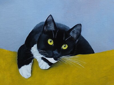 Curious cat oil painting, cat portrait, tuxedo cat artwok