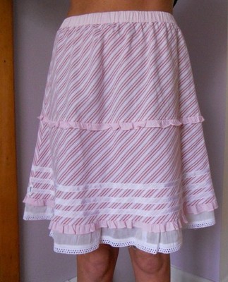 Pink summer girls skirt, pink white striped cotton , A-line ,  rufled ,size M
