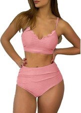 ZAFUL Scalloped Lace Up Ruched Criss Cross Tankini High Waist Bikini Rose M NWT
