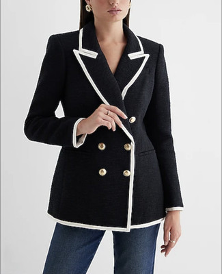 Express Women's Tweed Double Breasted Tipped Novelty Button Black Blazer XL NWOT