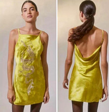 Urban Outfitters Yellow Satin Dragon Embroidered Slip Mini Dress sz: M