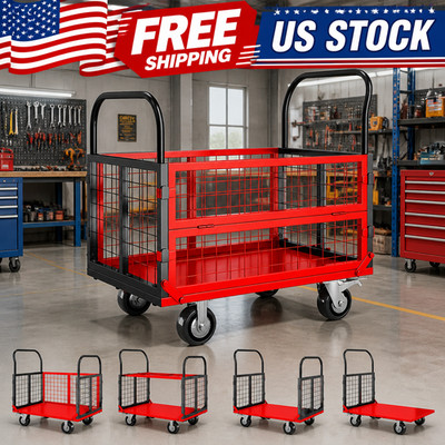 Platform Truck Cart with Cage, 6-in-1 Multi-Purpose Flatbed Cart, Foldable Hand