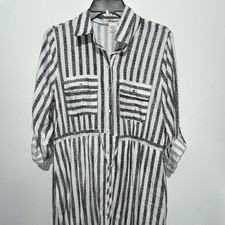 Passport Women's White Grey Stripe Tie Waist Button Up Shirt Dress Large NWT