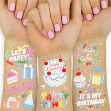 Birthday Tattoos for Kids - 50 designs, 2 sheets Iridescent Foil, Party