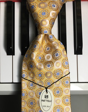 BRUNO PIATTELLI / Gold  Sky Blue Fancy Floral Rondel Medallions Silk Tie NEW 