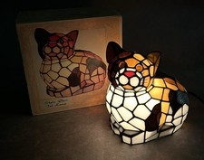 Vintage Stained Glass Cat Table Lamp Night Light Loaf Cat In Original Box