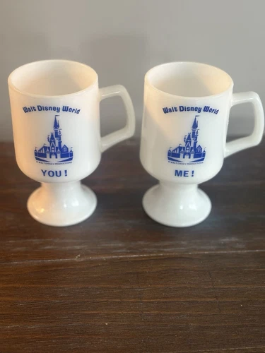 Set Of 2 Walt Disney World Vintage Milk Glass Footed Pedastool Mugs- Me & You!