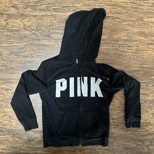 Victoria's Secret PINK Black Full Zip Hoodie White Graphic Logo Women's Size S