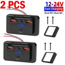 2pk Fast 12-24V QC3.0&PD USB Charger Socket Panel Car Power Outlet LED Voltmeter