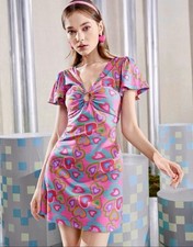 Blue Purple Heart Print Dress Small New Retro Style 70’s Colorful Rainbow
