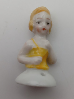 Antique 1920s German Porcelain Half Doll Pin Cushion Yellow Dress