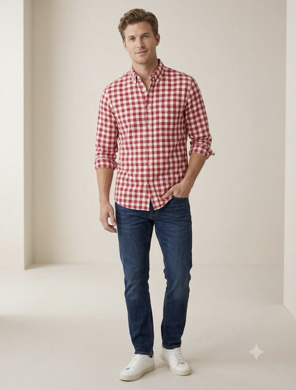 MOCOTONO Men's Red White Check Cotton Long Sleeve Button-Down Shirt M
