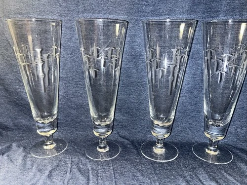 Vintage Sasaki Bamboo Etched Pilsner Clear Glass MCM Set Of 4