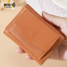 Womens Genuine Leather RFID-Blocking Trifold Wallet Mini Coins Card Holder Purse