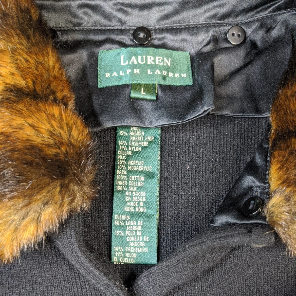 Vintage RALPH LAUREN Womens Large Wool Angora Cardigan Sweater Faux Fur  Collar