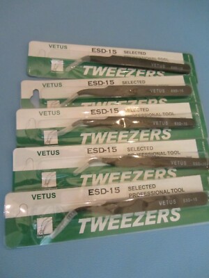 Vetus ESD-15 Stainless Steel Precision Tweezers ESD Safe Pack of 5 ea.
