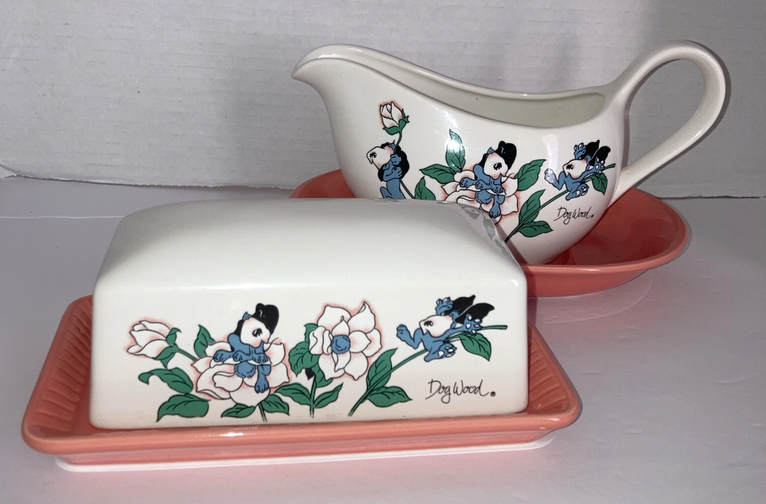 Vintage Petal Pets Dogwood Design Butter Dish And Gravy Boat EUC