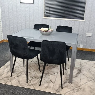 Grey Dining Table and 4 Black Velvet Chairs Kitchen Dining Set of 4 Glass Table - Image 1 of 4