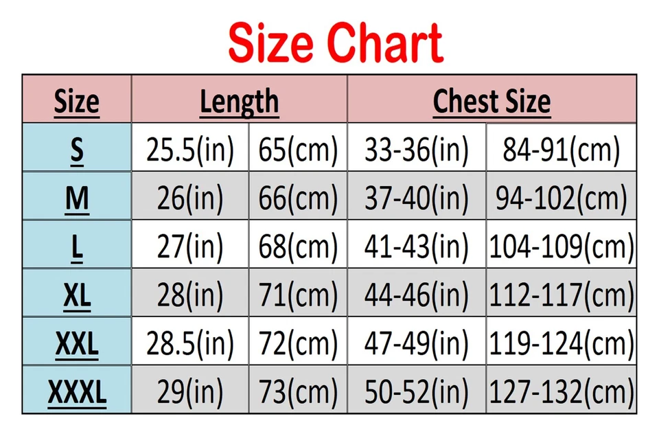  size chart with length, and chest measurements