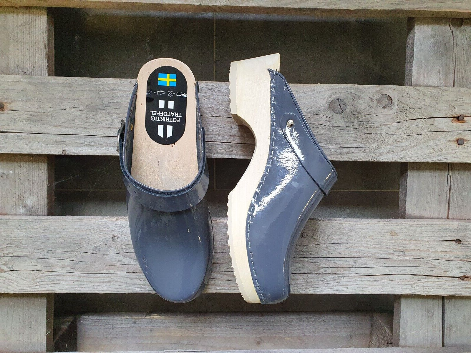 Swedish Clogs Troentorp Bastad Grey Patent US Womens 11 Mens 8 EU 41-image