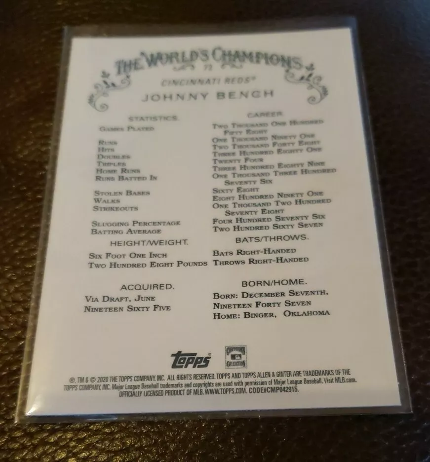 2020 Topps Chrome Allen Ginter #72 Johnny Bench Base Card Cincinnati Reds - Image 2 of 2