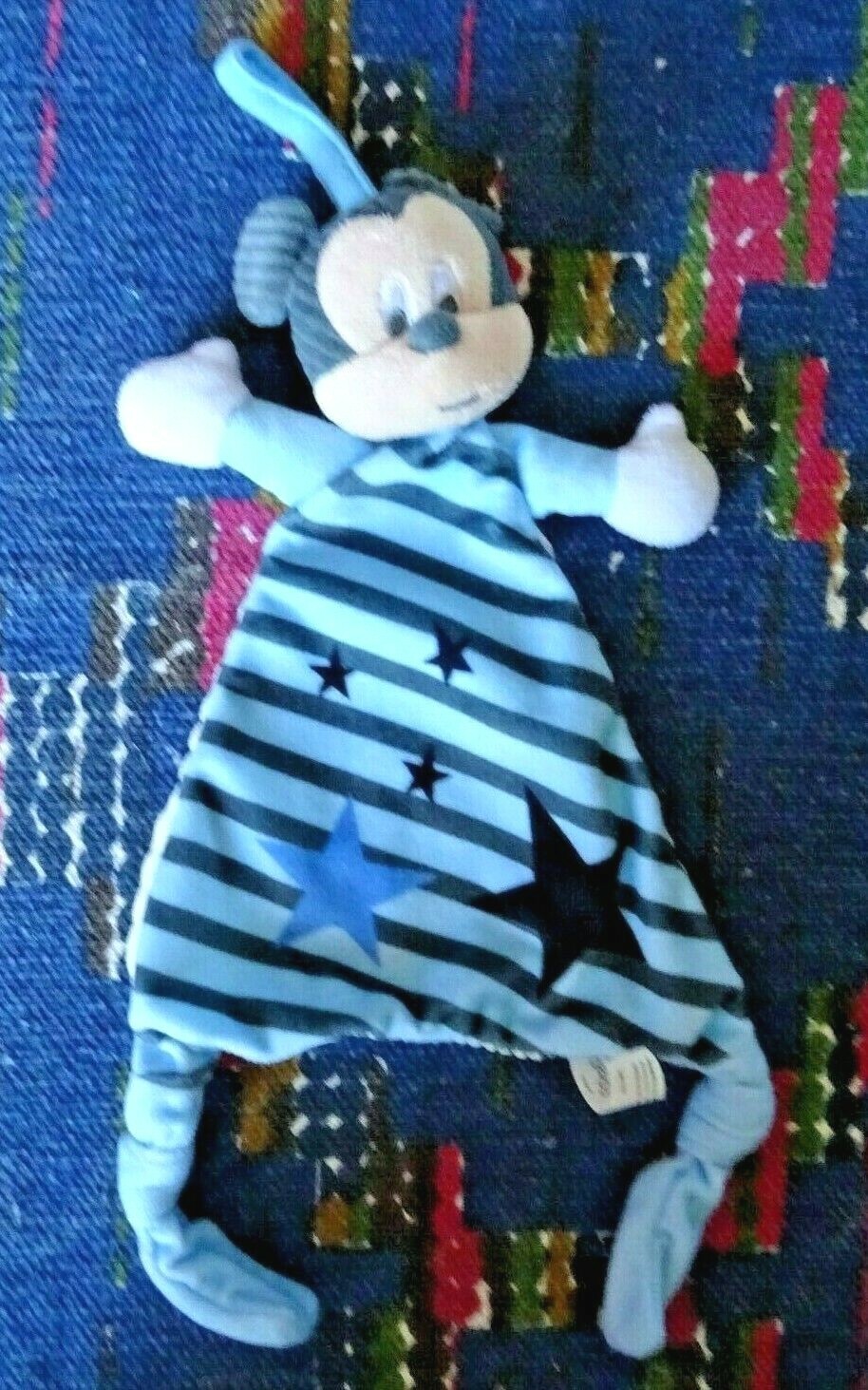 Doudou plat Disney Mickey bleu blanc étoile noir cadeau de naissance
