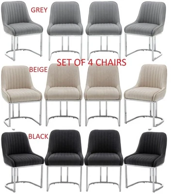 4 Velvet Dining Chairs Bright Chrome base legs Beige Grey or Black Velvet - Image 1 of 4