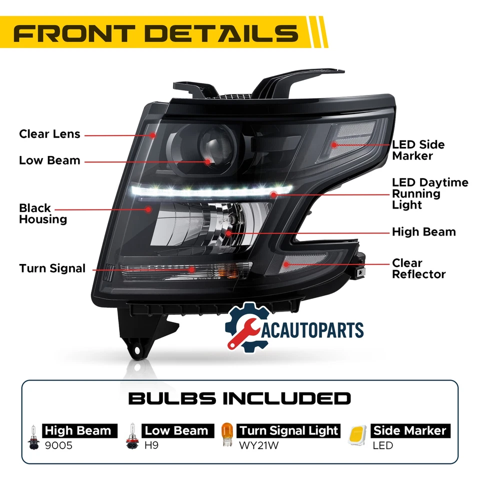 For 2015-2020 Chevy Tahoe Suburban Black Headlight Projector Headlamp w/ LED DRL Foto 2 de 4