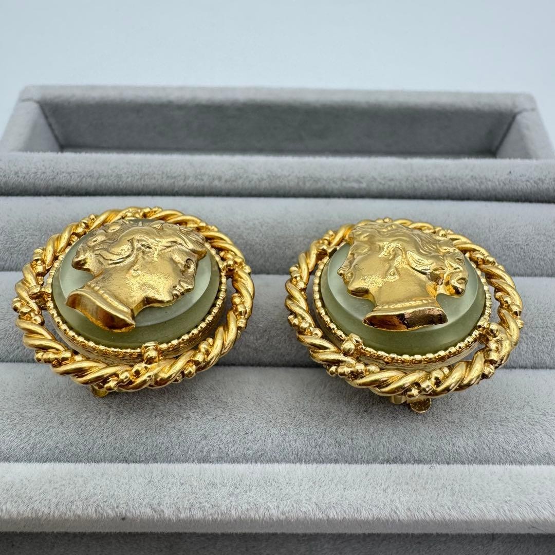 Yves Saint Laurent YSL YSL Cameo Gold tone Circle Earrings Stud Vintage thumbnail 5