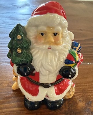 Vintage Adler Hinged Hand Painted Santa Claus Ceramic Trinket Box Toys Tree Bear