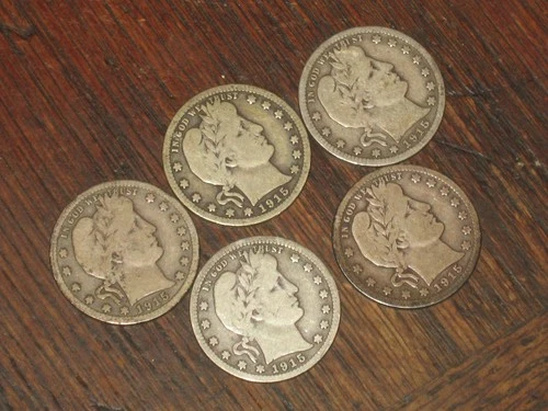 1915 (5) BARBER QUARTER .90 SILVER 25c US COINS MONEY VERY GOOD ~NO R. & .99c!