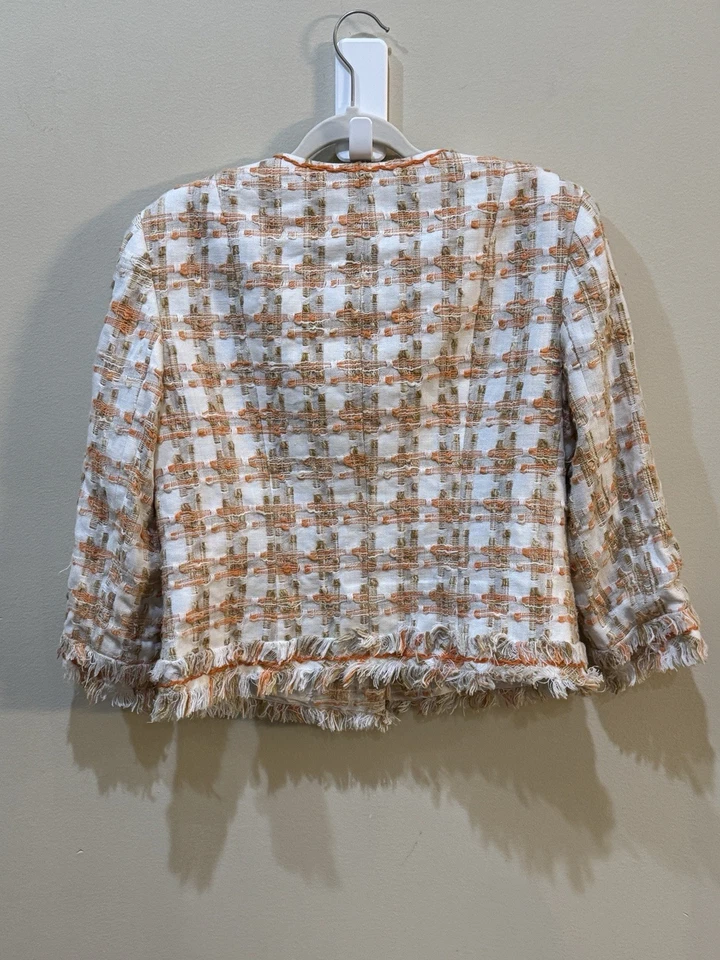 ETCETERA 亚麻条纹前扣短夹克外套 12 码白色橙色 — 第 3/4 张图片