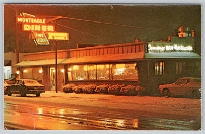 1970's MONTEAGLE DINER TENNESSEE RESTAURANT AT NIGHT ORANGE NEON SIGNS POSTCARD