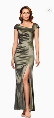 Xscape Olive Taffeta Asymmetric Neck Pleated Side Slit Lined Long Gown 14 7023X - image 1 of 4