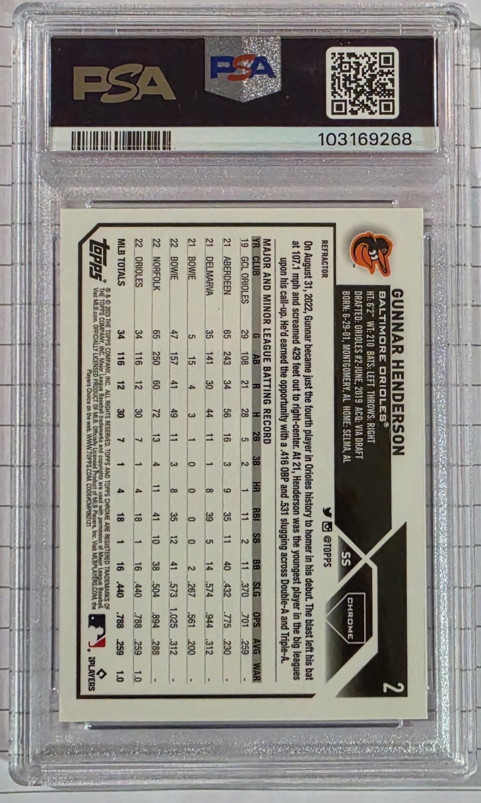2023 Topps Chrome - Gunnar Henderson RC Refractor - PSA 10 Baltimore Orioles #2 view 2