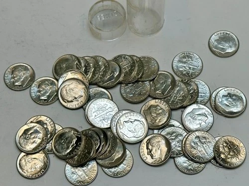 Roll of Roosevelt Silver Dimes, Look to be AU's, Opened the first time in 40 yrs