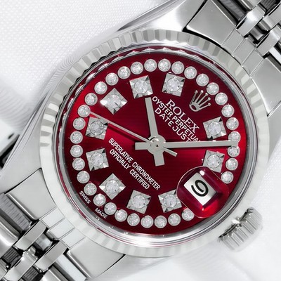 ROLEX LADIES DATEJUST RED DIAMOND DIAL STEEL & WHITE GOLD FLUTED BEZEL WATCH