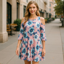 Floral Womens Dress Cold Shoulder Pink Tunic Drop Waist Size Medium