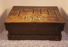Antique Primitive Carpenters Wooden Monogrammed Tool Box Chest Trunk "PHH 1922"