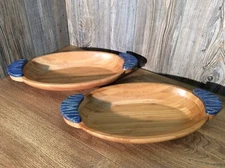 2 Large Bamboo Serving Bowls With Glazed Pottery Handles, K6