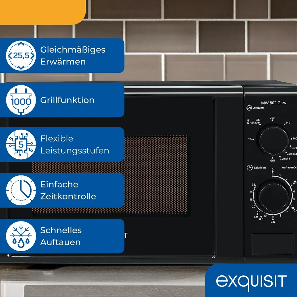 Exquisit Mikrowelle 20L, 1000 W Grill, 700 W, 25,5cm Drehteller, MW 802G schwarz - Bild 3 von 4