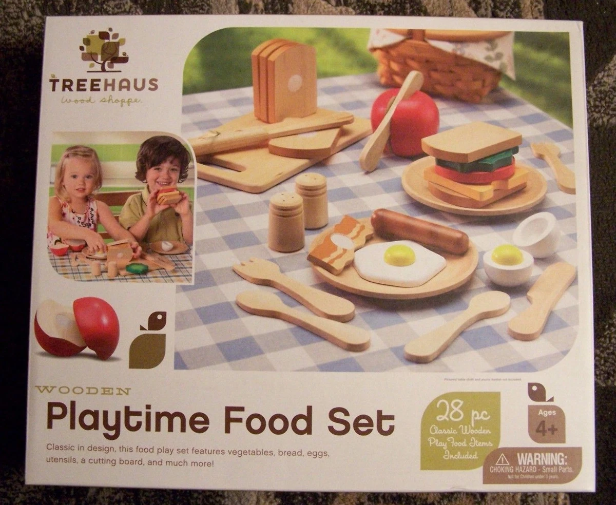 TREEHAUS PLAYTIME FOOD SET 28pc WOODEN PLAY SET COMPLETE IN BOX AGES 4