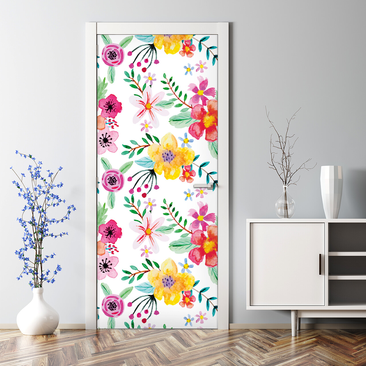 Enchanted Garden and Floral Mural Vibrant Flowers Print Self Adhesive Door Decal