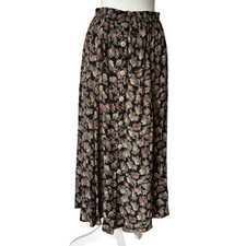 Vintage Black and Beige 80s Floral Rose High Rise A Line Flowy Midi Skirt Pocket