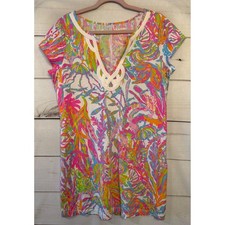 Lilly Pulitzer 100% Pima Cotton V Neck Tunic Dress Coral Reef Print XL