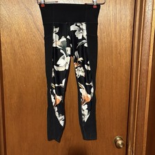 Athleta Women's Yoga Pants Sheer Mesh Legs Flower Print Black Size Sm